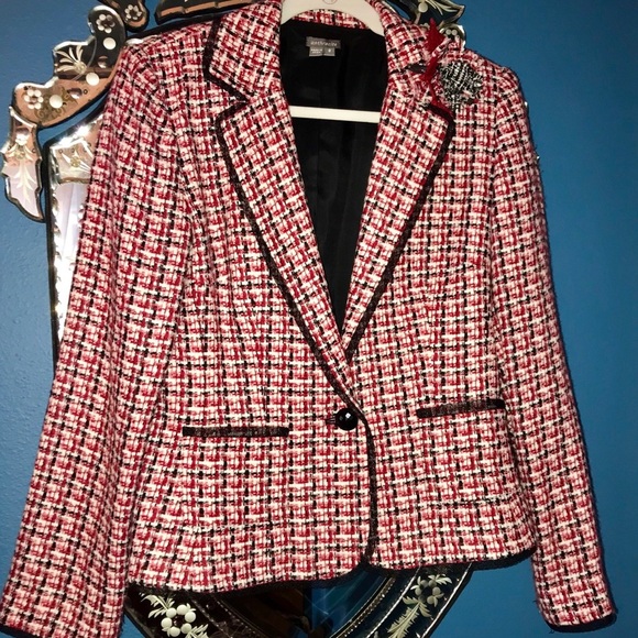 Red Preppy Plaid Suit Jacket Sz 8 Very flattening! St John vibes all day.Classic - Picture 5 of 5